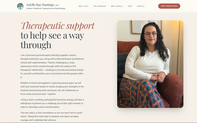 The Arielle Rae Hastings Therapy homepage, with the headline Therapeutic support to help see a way through beside a portrait of the therapist
